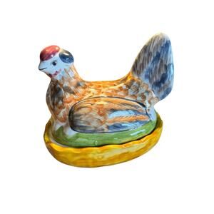 2 pc Chicken Canister Lid Colorful Ceramic Hen Candy Jar Trinket‎ Made Portugal